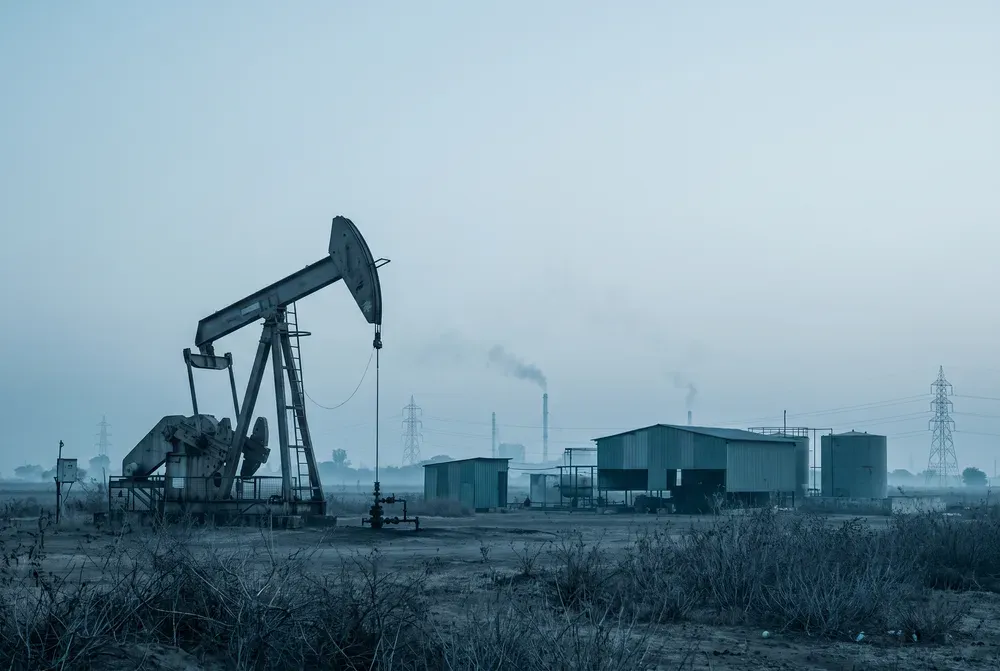 An oil pumping unit and low industrial sheds on a flat plain outside Kalol at first light, distant chimneys and pylons in the haze.