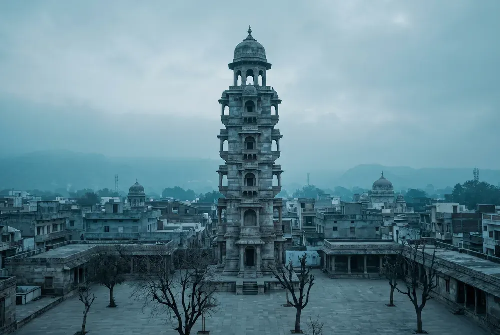 A tiered stone commemorative tower with arched balconies and a domed crown rising above the low rooftops of Palanpur in morning haze.