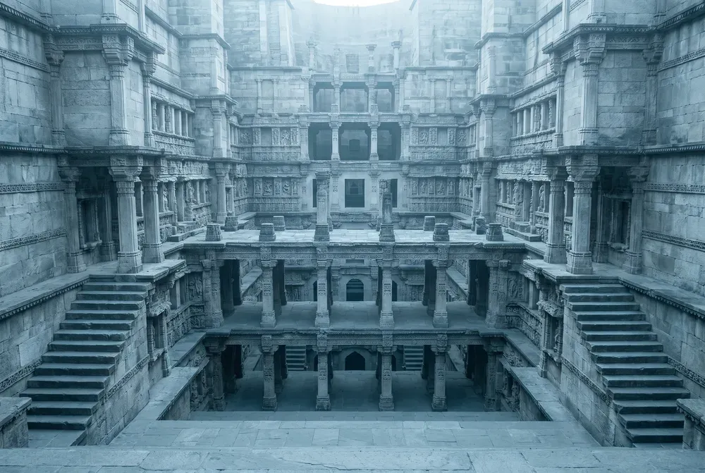 The carved stone tiers of the Rani ki Vav stepwell at Patan descending into shadow, colonnades and sculpture niches on every level.