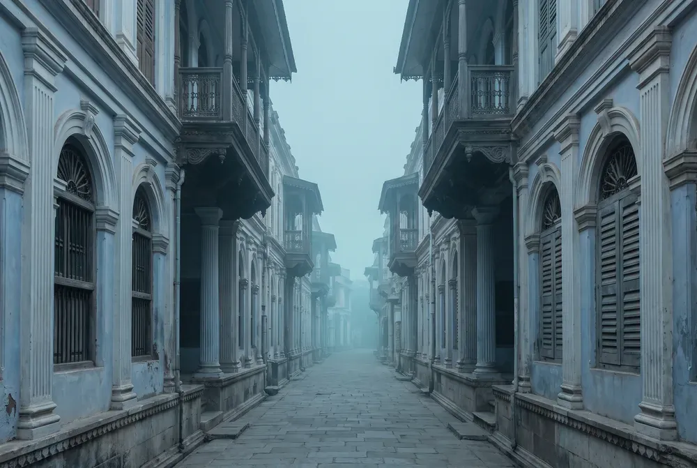 A quiet street of ornate pastel-blue Bohra havelis in Siddhpur, carved wooden balconies and arched shuttered windows receding into morning haze.