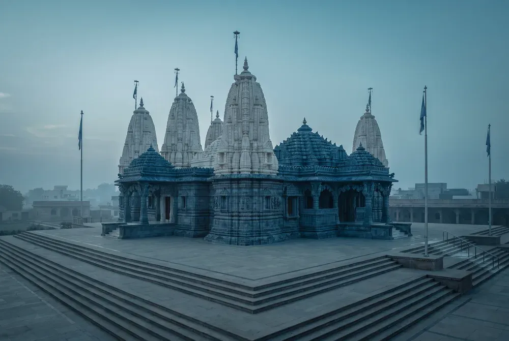 A large temple with carved marble spires rising above a broad empty stone plaza at dawn, flagpoles along the edge.