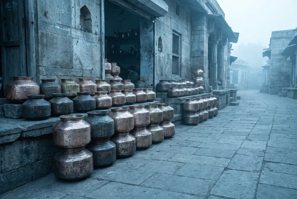 Rows of hand-hammered copper and brass water vessels stacked outside a metalworking workshop on an old Visnagar street.