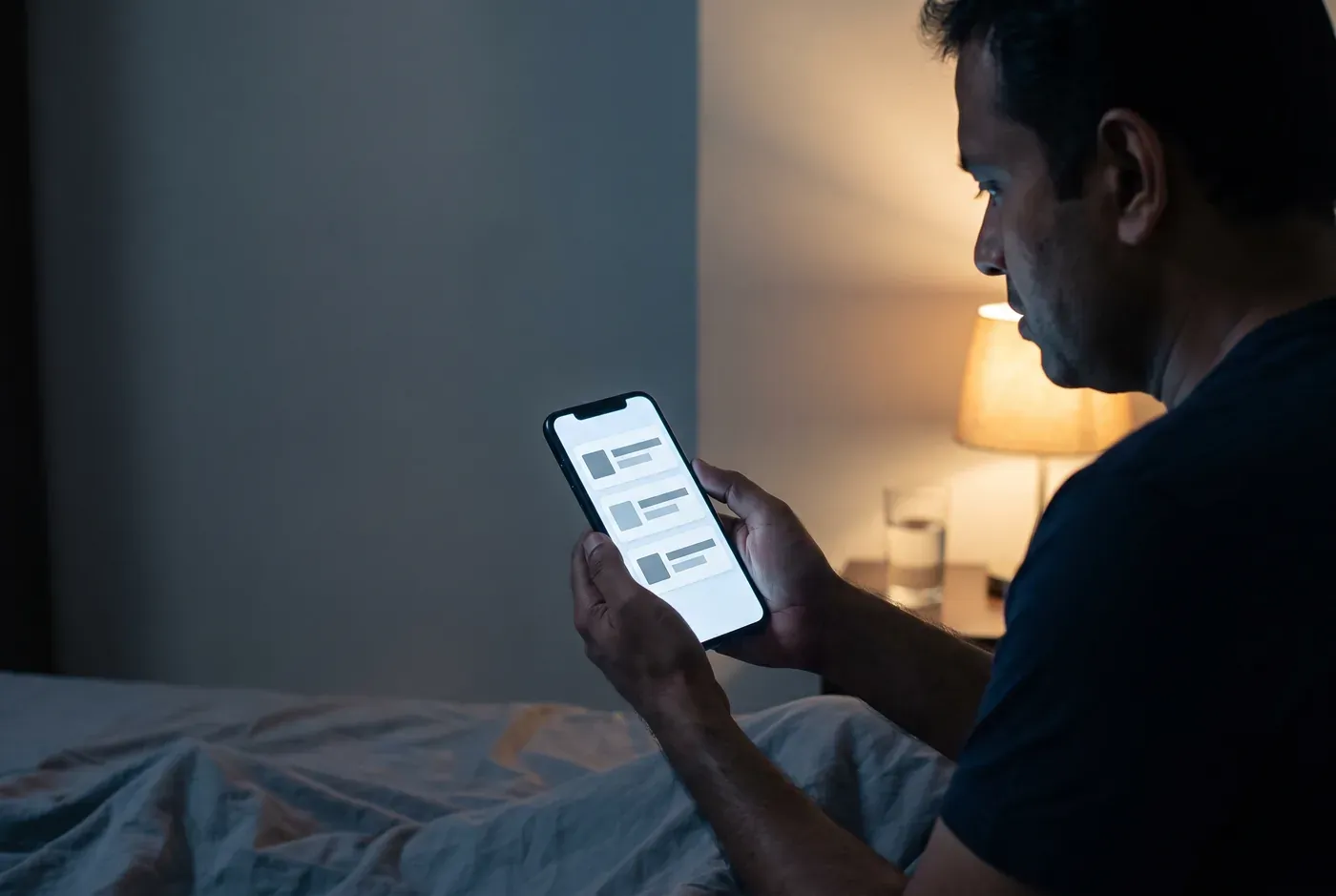 A man sitting on the edge of a bed at night, comparing three clinic listings on his phone by lamplight.