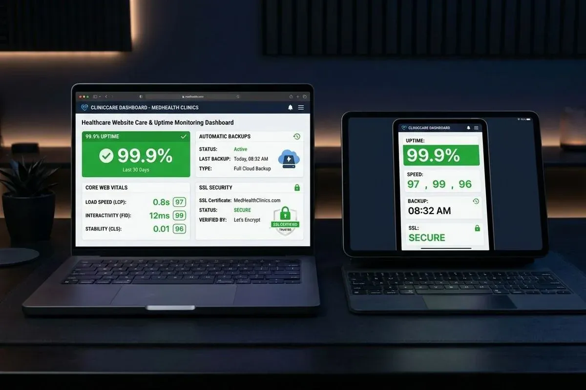 A laptop and tablet on a desk showing a website monitoring dashboard: uptime, page speed readings, backup status and certificate status.