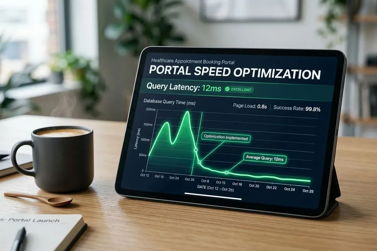 A tablet on a desk showing a page-speed chart for a clinic site trending upward over successive checks.