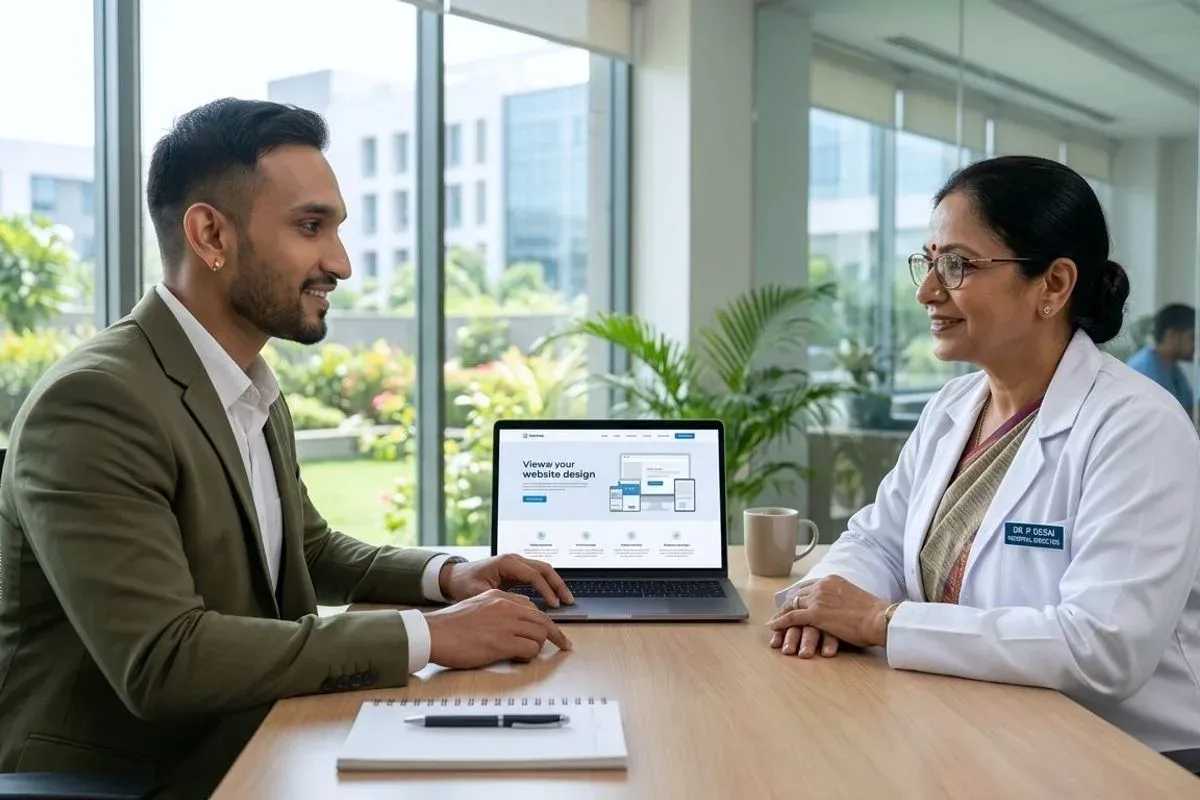 Two people either side of a desk going through a clinic website design on a laptop between them.