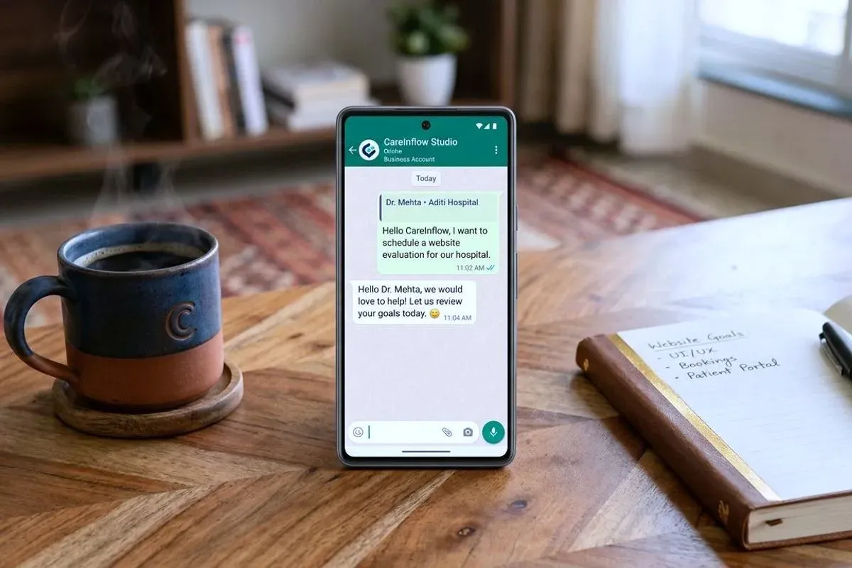 A WhatsApp conversation on a phone: a doctor sending their clinic name, and a reply from the studio confirming the review will follow.