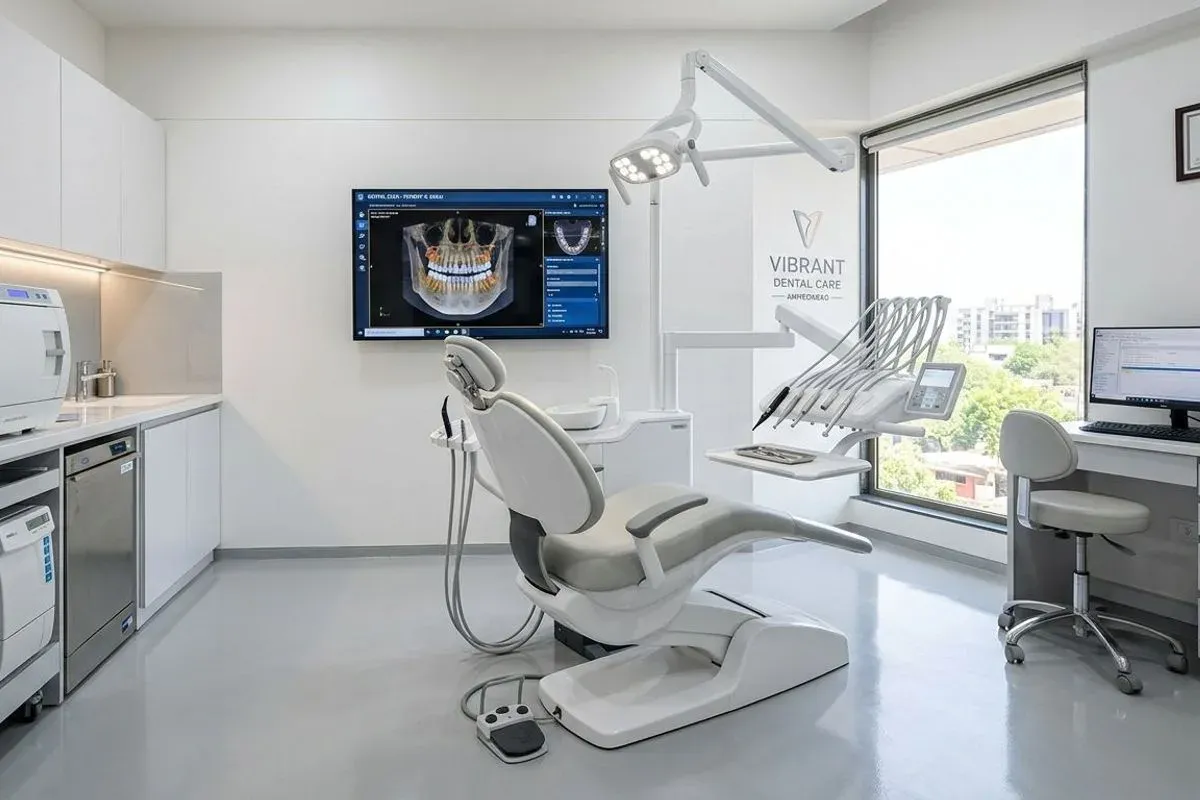 A bright, empty dental surgery with a modern chair and a wall screen showing a digital scan.
