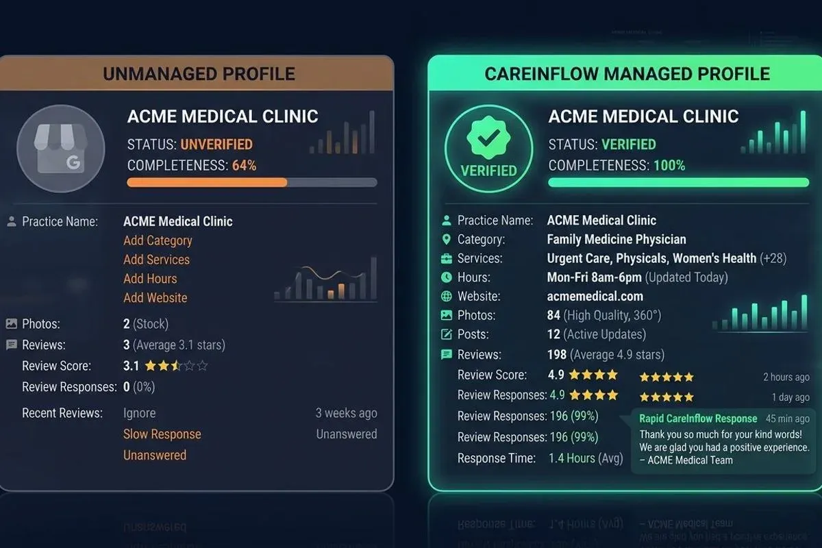Two versions of the same clinic profile side by side: one unverified with missing categories, hours and photos, one complete and verified with every field filled and reviews answered.