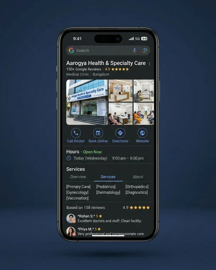 A fully completed Google Business Profile on a phone: practice name, photographs of the building and reception, call and directions buttons, opening hours, and a list of departments.