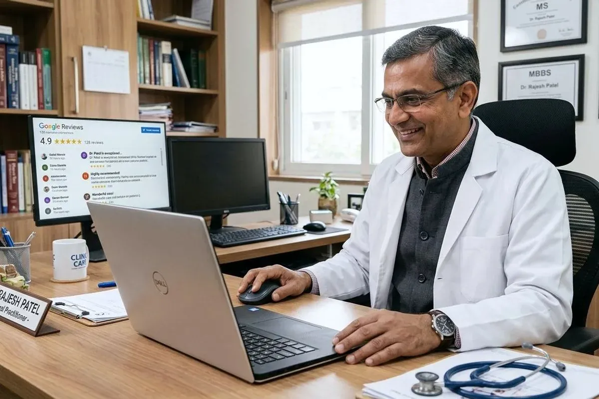 A doctor at his desk reading through the review feed for his practice on the screen in front of him.