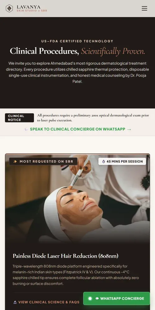 The treatments page on a phone, the procedure cards stacked full width with the booking bar fixed along the bottom.