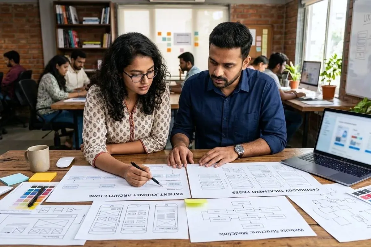 Two designers at a desk marking up printed page-structure sheets headed Patient Journey Architecture and Cardiology Treatment Pages, with wireframe sketches spread around them.