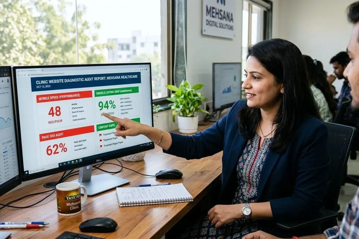 Two people at a desk reviewing a website audit scorecard on a monitor, one pointing at the speed and listing sections.