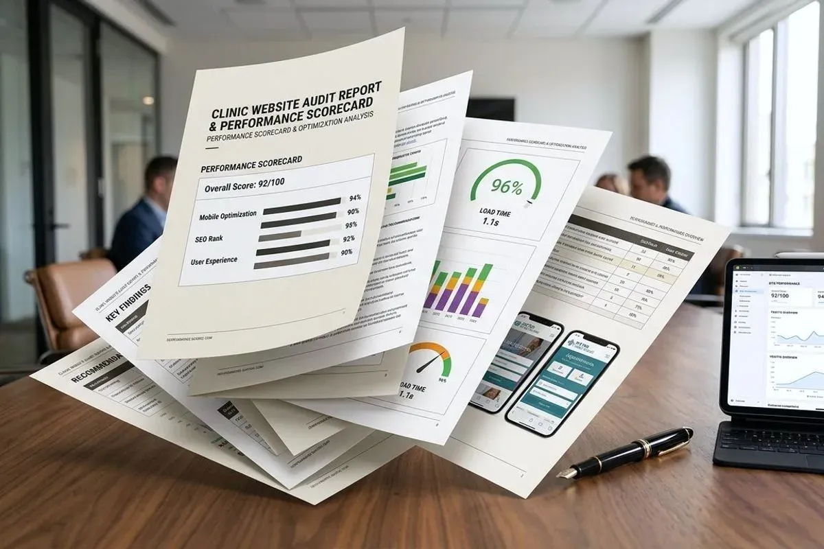 A printed clinic website audit report fanned across a desk, showing a performance scorecard, load-time dials and pages of written findings.