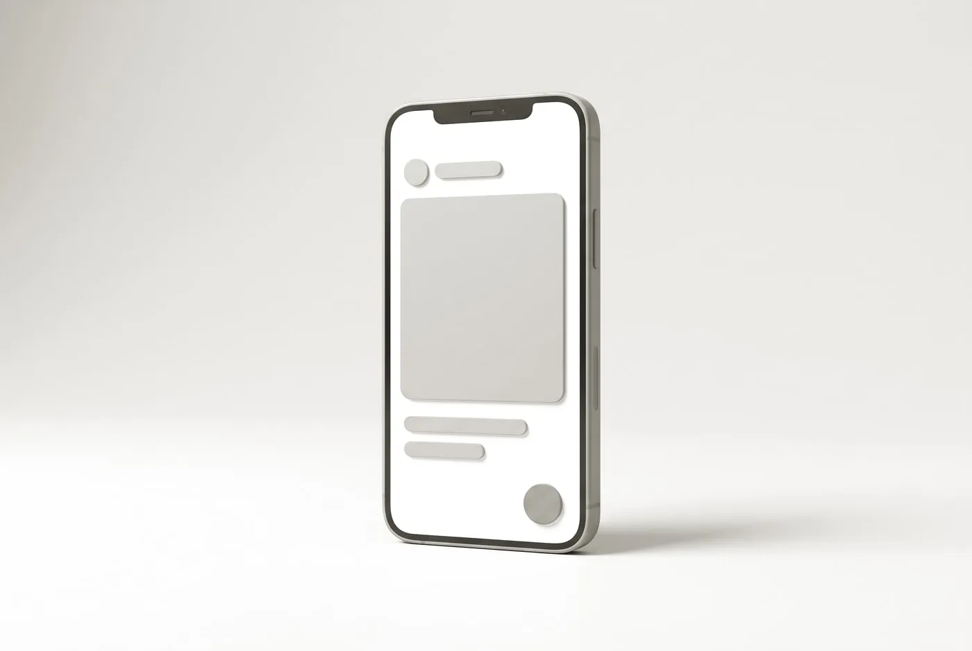 A phone standing upright showing a simple social post with an image placeholder and a teal accent.