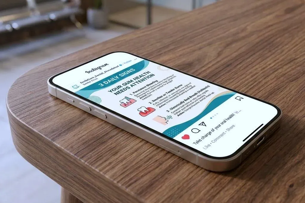 A phone on a desk showing an educational clinic post: a numbered list of early warning signs, laid out with simple illustrations.