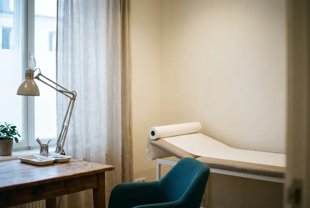 A quiet dermatology consultation room with an examination couch, an unlit examination lamp and soft daylight through a linen curtain.