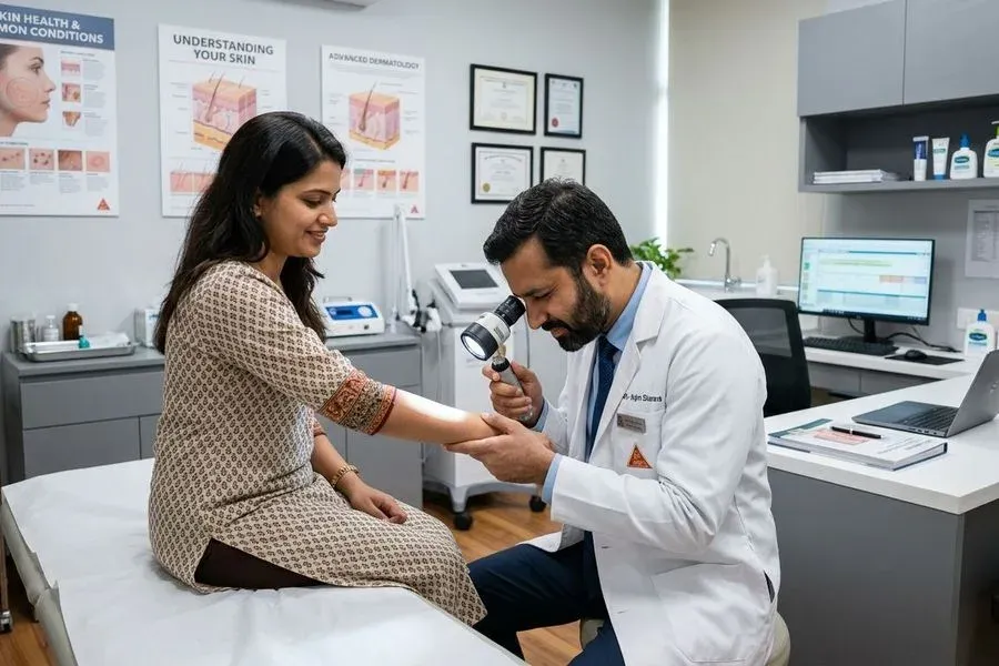 A dermatologist examining a patient’s skin with a magnifying diagnostic lamp.