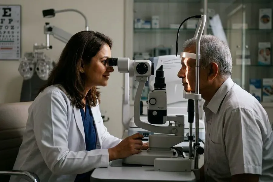 An eye surgeon examining an older patient at a slit-lamp microscope.