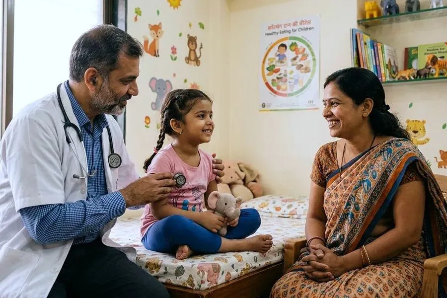 A paediatrician listening to a young girl’s heartbeat while her mother sits beside them.