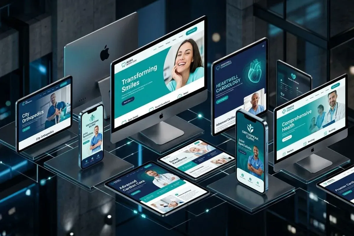 An arrangement of laptops, tablets and phones, each showing a different clinic website: dental, orthopaedic, cardiology and general practice.