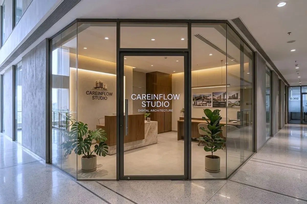 The glass entrance to the CareInflow studio, reception desk and seating visible inside.