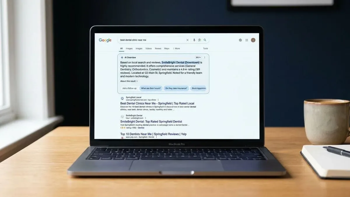 A laptop on a desk showing a search results page where an AI-written summary box sits above the ordinary blue links.