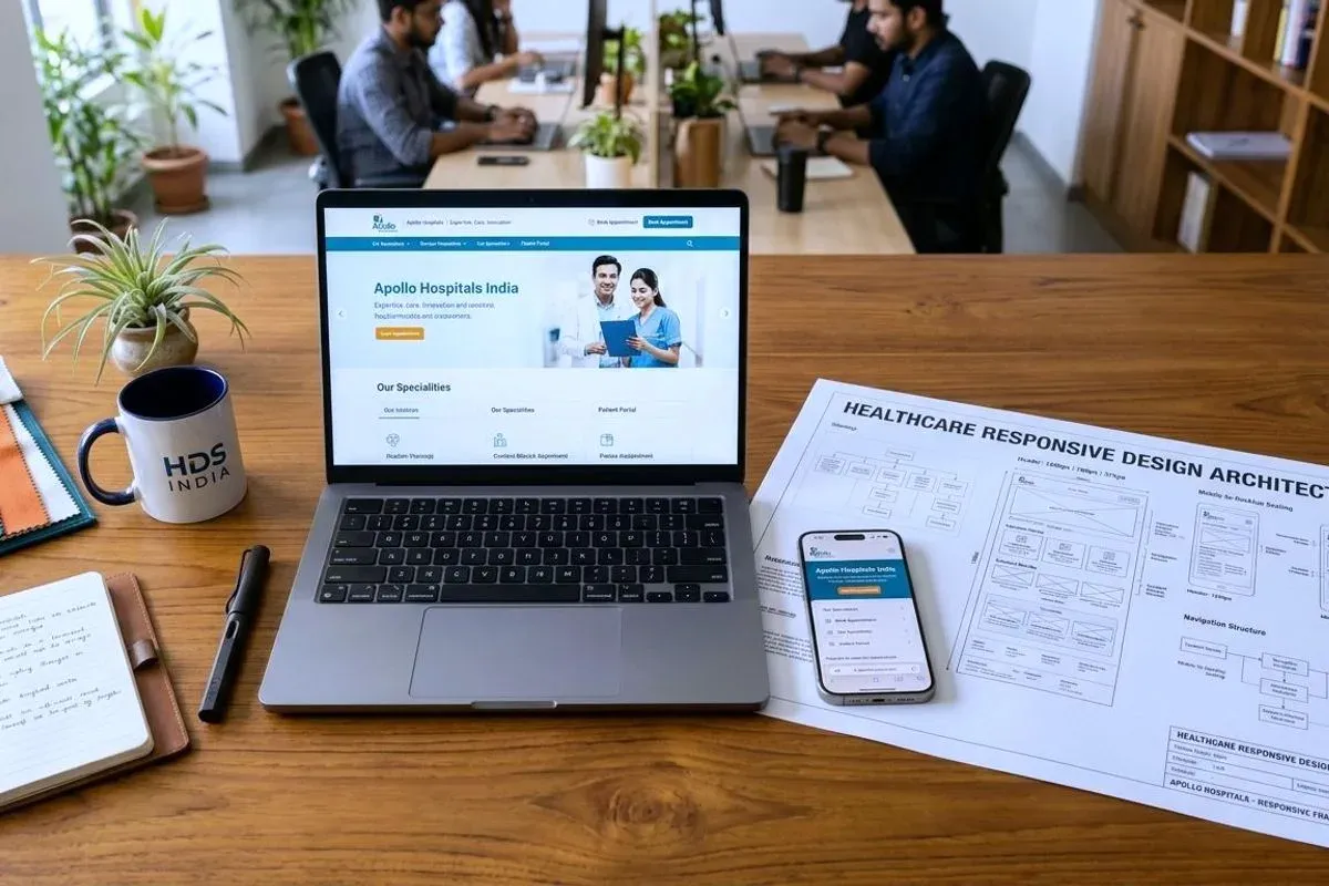 A laptop and a phone on a studio desk showing the same clinic site at two sizes, printed page-structure sheets laid out beside them.