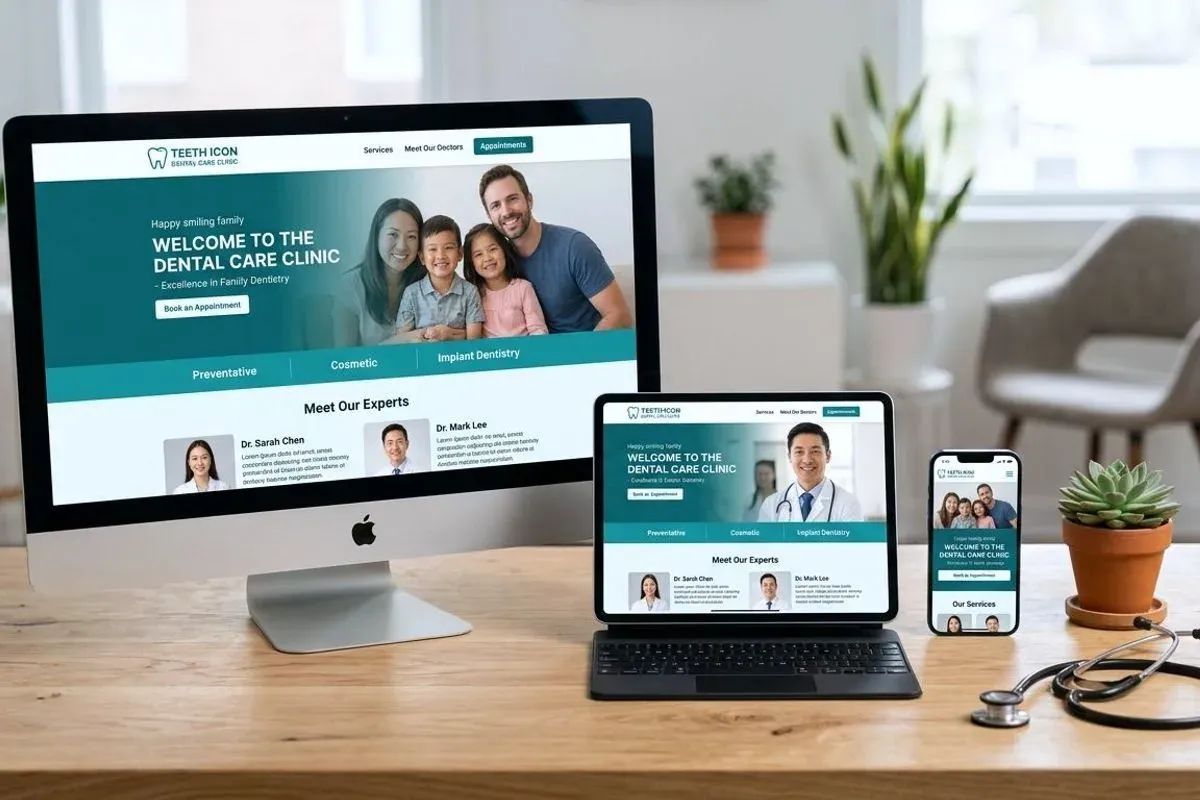 The same clinic website shown on a desktop monitor, a tablet and a phone, each laid out for its own screen size.